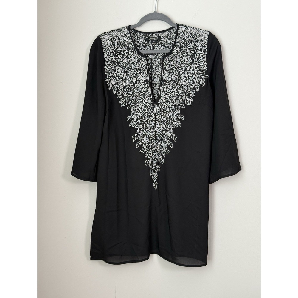 NAEEM KHAN TIMELESS Black Classy Tunic Business Casual‎ Floral Embroidered Sz M